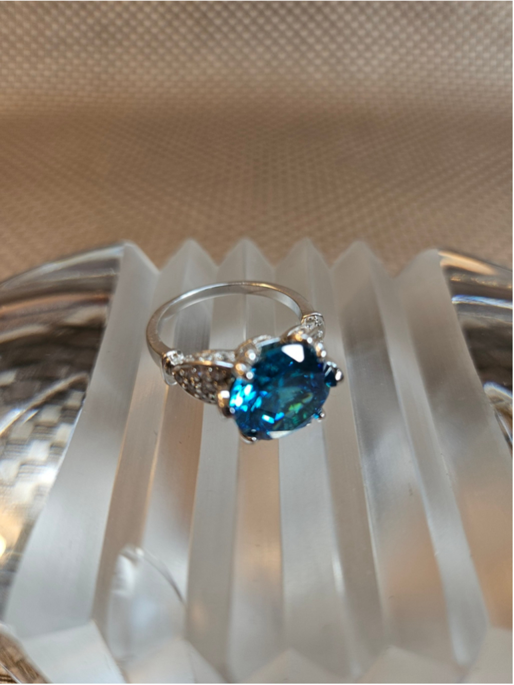 Eye Catching London Blue Faux Topaz and Diamond Ring Size 8¾